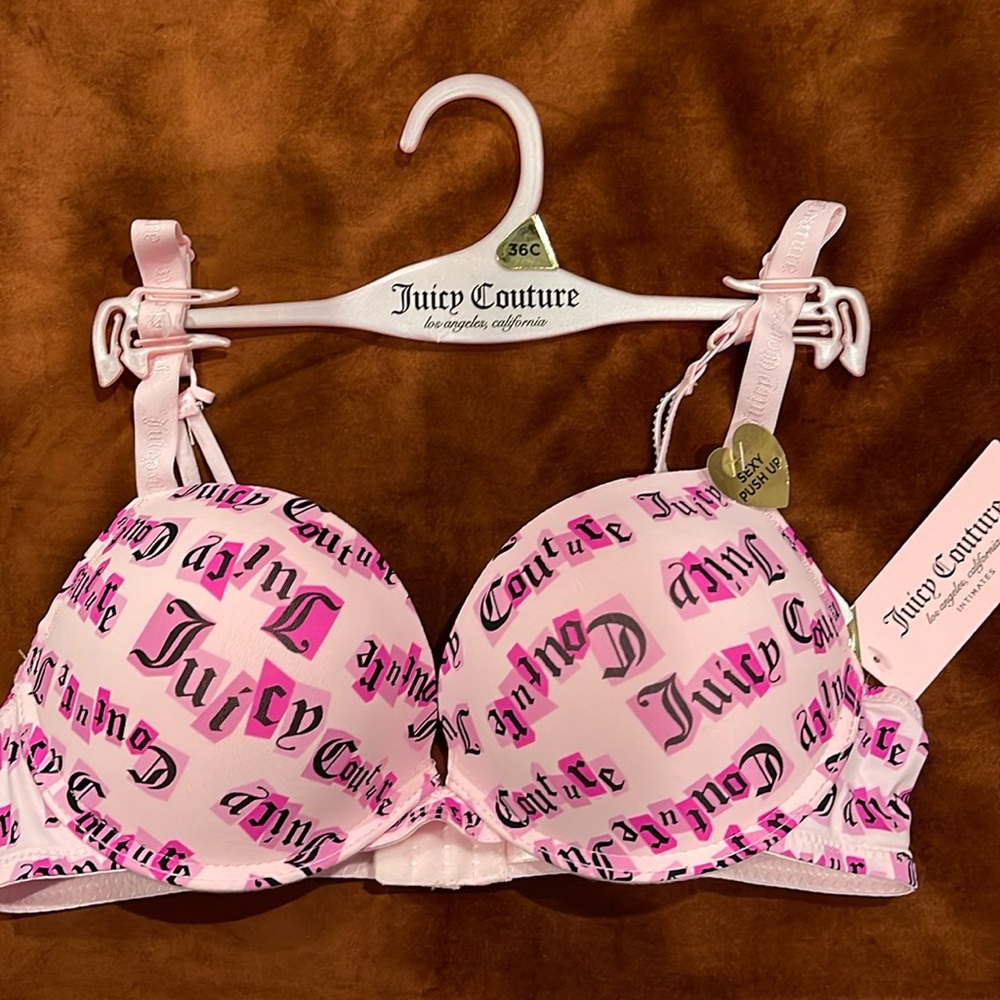 JUICY Couture Padded Push Up Bra Logo Pink Black 36C Intimates